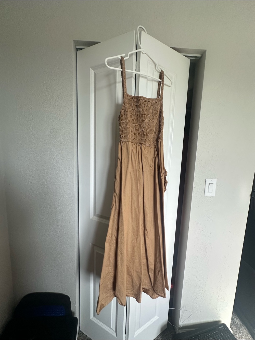 Old Navy Tan Smocked Midi Dress with Spaghetti Straps